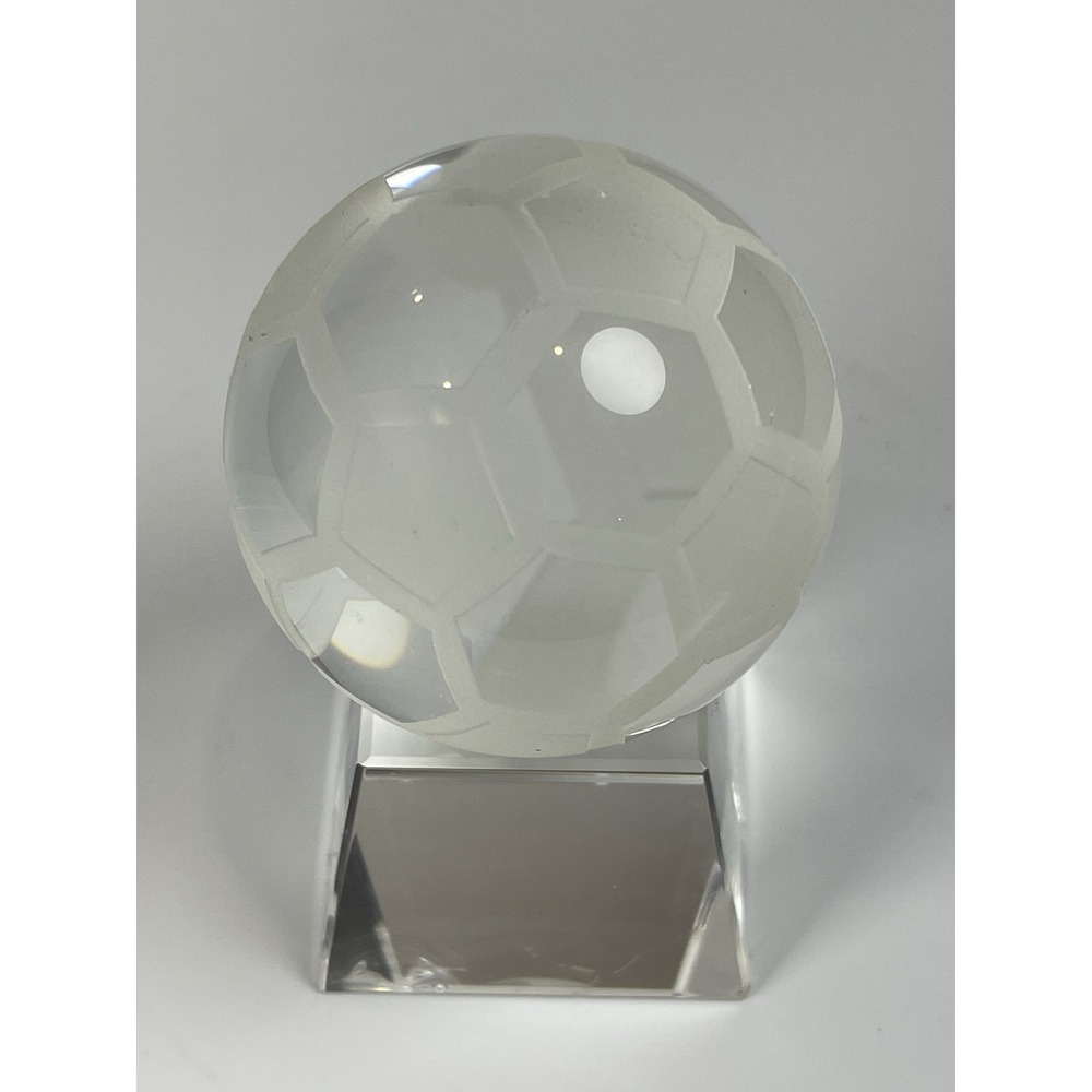 Glass‎ Soccer Ball Etched Pedestal Paperweight 2.5"